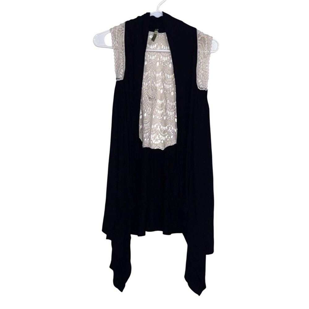 Black Open Front Cardigan Vest With Cream Crochet Back & Shoulders  L